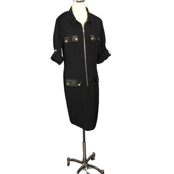 Sharagano Black Zip Front Shirt Dress Faux Leather Trim Size 14 - Picture 1 of 7